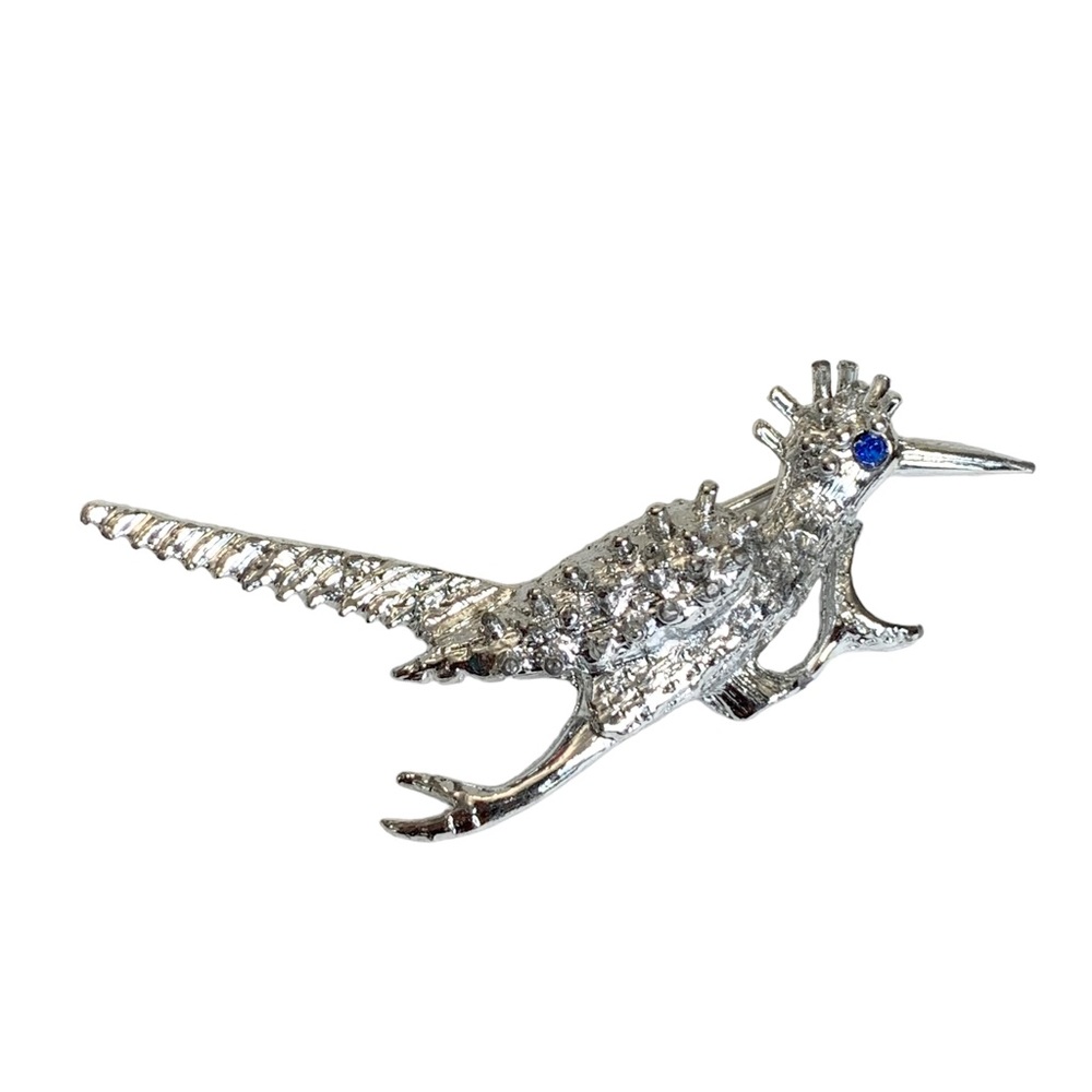 Vintage silver tone blue eyed road runner bird brooch pin southwest western